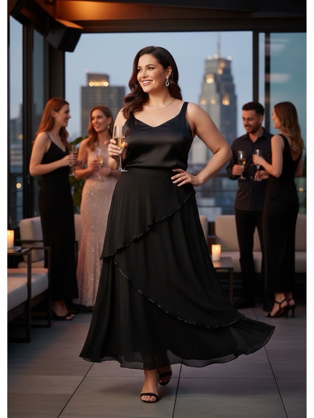 MARINA 100% Silk Black Asymmetrical Beaded-Trim Evening Skirt